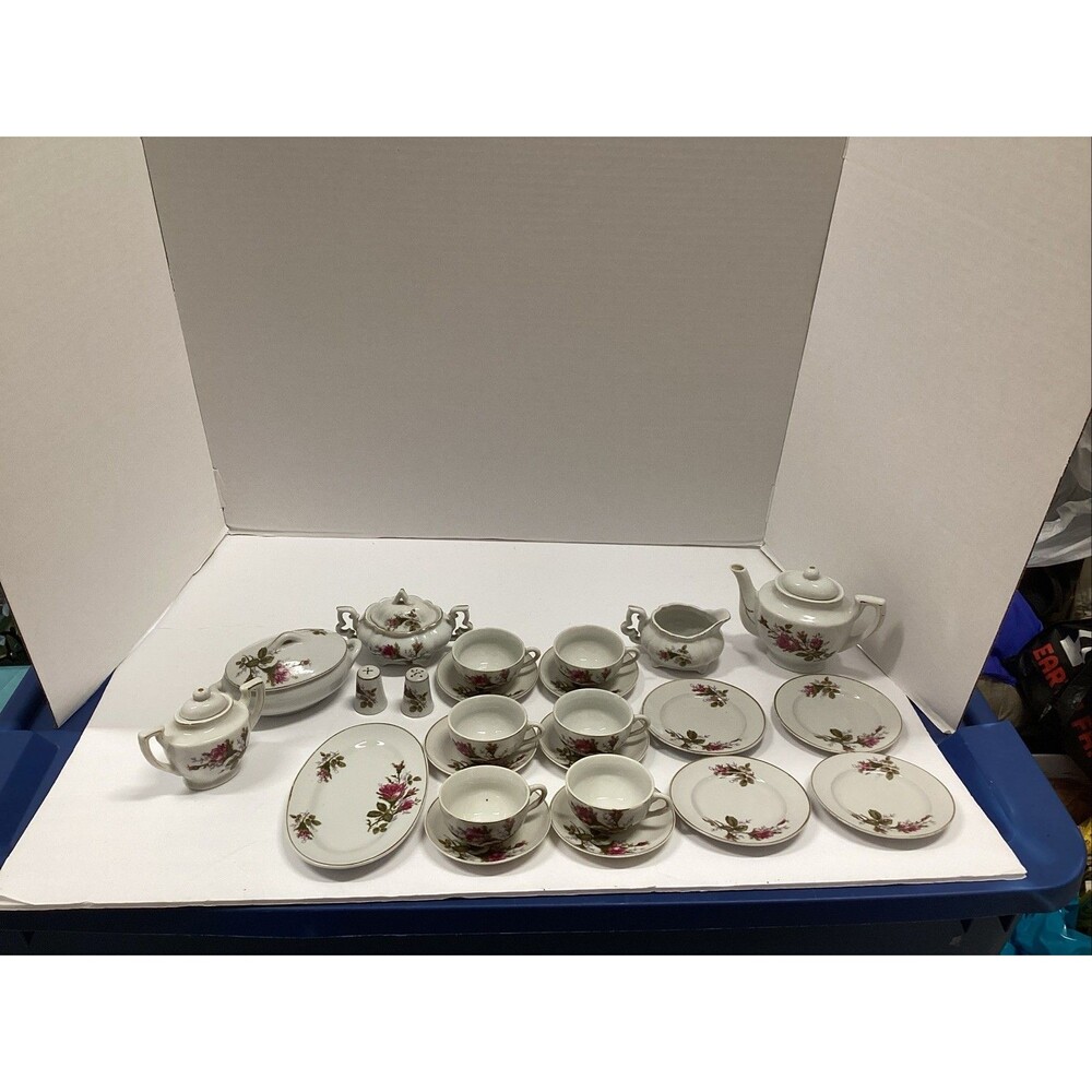 1950s vtg child tea set moss rose 28 pcs miniature bone china Japan crane